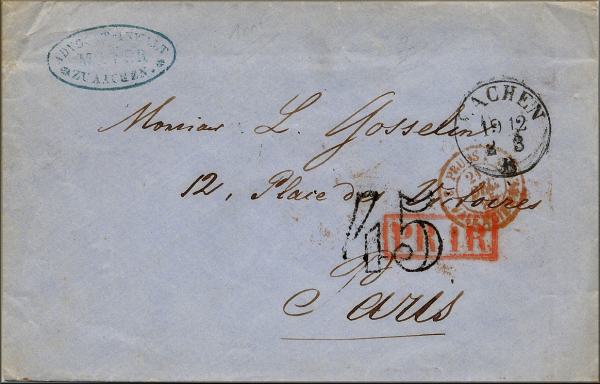 lettre ancienne (sans timbre poste avec cachets) Aachen / Aix la Chapelle (Prusse - Allemagne) --> Paris (France) 19/12/1855