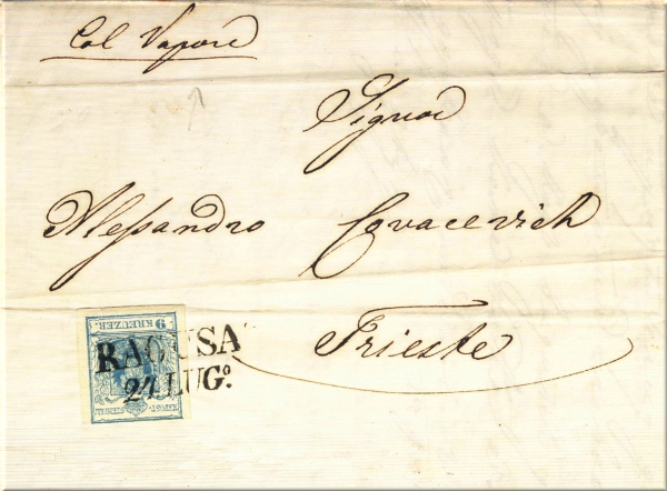 lettre ancienne (avec un cachet postal et un timbre poste) : Raguse / Ragusa / Dubrovnik (Dalmatie / Croatie) --> Trieste / Triest (Frioul / Italie) du 24 juillet 1852 transportee par le Lloyd Austriaco