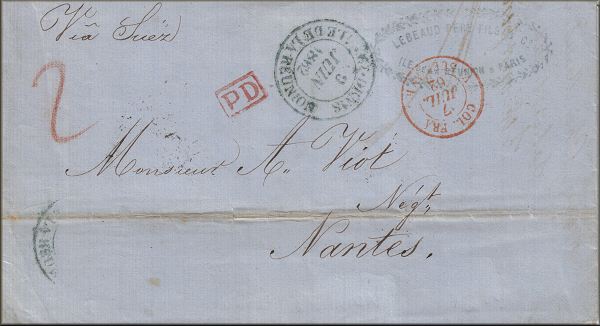lettre ancienne (sans timbre poste avec cachets postaux) Saint Denis de la Reunion (Reunion - France) --> Nantes (via isthme de Suez) - 09/06/1862
