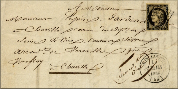 lettre ancienne avec 1 timbre poste 20 centimes Ceres (Deuxieme Republique -graveur Barre) et 1 cachet : Ribecourt (Oise - France) --> Chaville (Seine et Oise) - 15 mars 1850