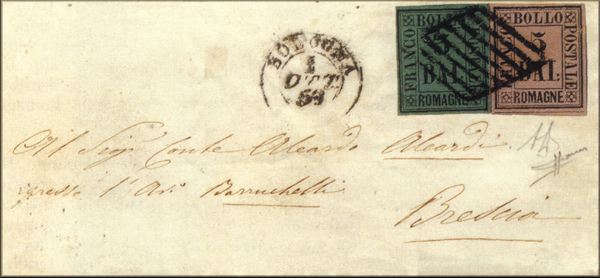 lettre ancienne (avec 2 timbres poste et 2 cachets) : Bologna / Bologne (Emilie Romagne - Italie) --> Brescia (Lombardie - Italie) du 1er decembre 18559