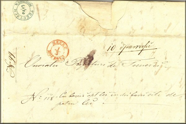 lettre ancienne (sans timbre poste mais avec cachets postaux) de lettre de Bakeu / Bacau / Bakowa / Bakou --> Tekutsch / Tecuci (Moldavie / Roumanie) du 1er mars 1860