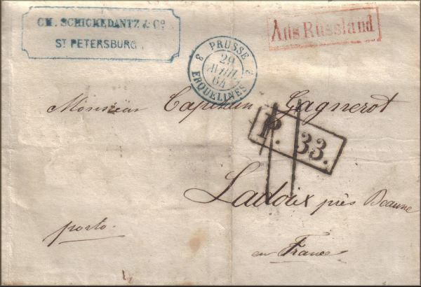 lettre ancienne (sans timbre poste mais avec nombreux cachets postaux) de Saint Petersbourg / Sankt Peterburg (Russie) --> Ladoix pres Beaune (Cote d'Or - France) d'avril 1864