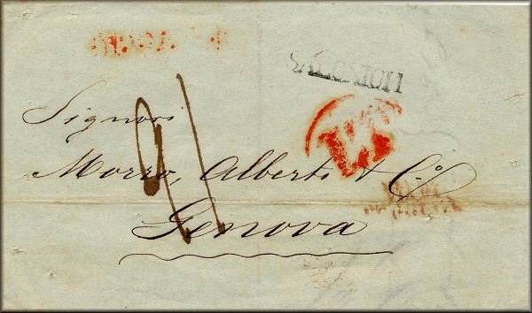 lettre ancienne (avec 4 cachets sans timbre poste) : Thessalonique / Salonique / Thessaloniki (Macedoine - Grece) --> Genova / Genes (Italie) - 21/04/1842