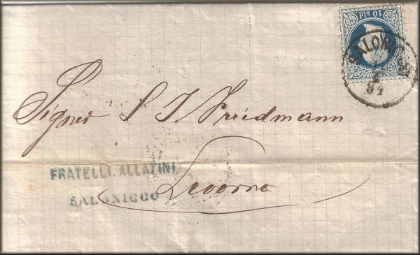 lettre ancienne (avec 1 timbre poste et 1 cachet postal) : Thessalonique / Salonique / Thessaloniki (Macedoine - Grece) --> Livorno / Livourne (Italie) - 11/04/1884