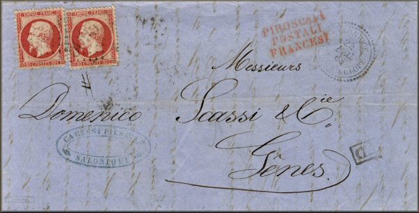 lettre ancienne (avec 4 cachets sans timbre poste) : Thessalonique / Salonique / Thessaloniki (Macedoine - Grece) --> Genova / Genes (Italie) via les Dardanelles (bureau francais a l'etranger) - 24 decembre 1864