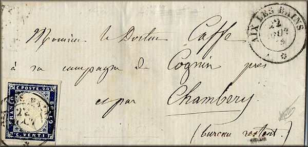 lettre ancienne (avec timbre poste et cachet postal) Aix les Bains (Savoie) --> Cognin (Savoie) - 22/08/1858