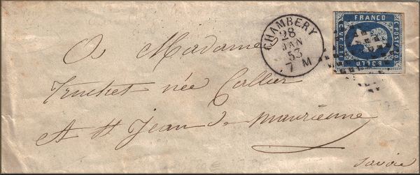 lettre ancienne (avec 1 timbre poste et 2 cachets postaux) : Chambery (Savoie - France) --> Saint Jean de Maurienne (Savoie - France) - 28 janvier 1853