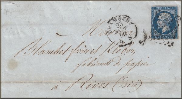 lettre ancienne (avec 1 timbre poste et 2 cachets postaux) : Chambery (Savoie - France) --> Rives (Isere - France) - 23 septembre 1860