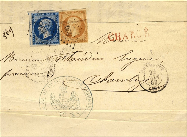 lettre ancienne (avec timbre poste et cachet postal) de Chambery (Savoie - France) du 22 juin 1862