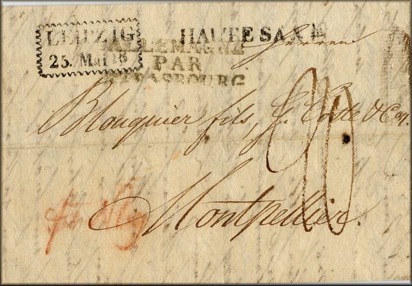 lettre ancienne (sans timbre poste avec cachets postaux) Leipzig (Saxe - Allemagne) --> Montpellier (France) 25/05/1818