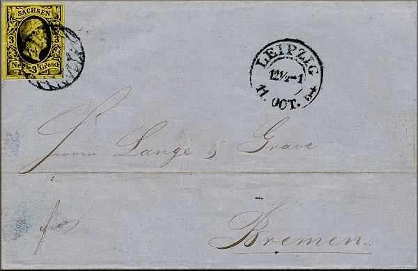 lettre ancienne (avec 1 timbre poste et cachets postaux) Leipzig (Saxe - Allemagne)  --> Breme / Bremen 11/10/1854