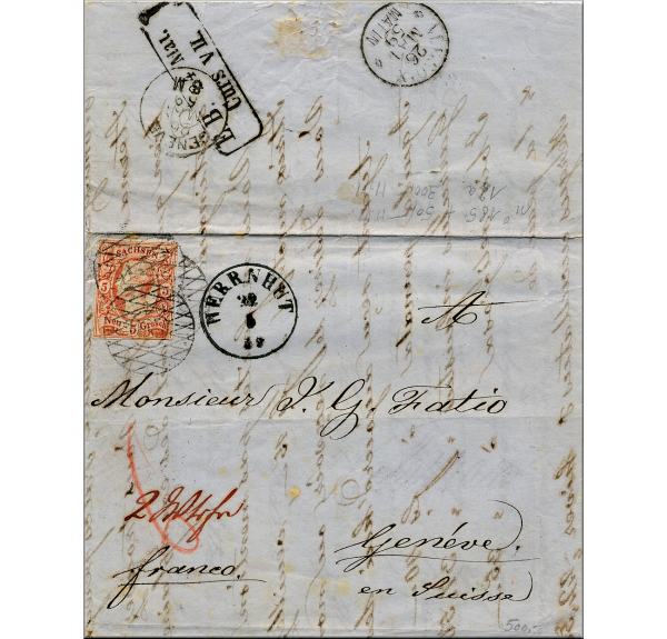 lettre ancienne (avec un timbre poste et multiples cachets de la poste) Herrnhut (Saxe - Allemagne)--> Geneve (Suisse) 22/05/1859