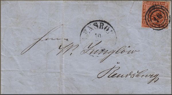 lettre ancienne (avec timbre poste et cachets postaux) Flensborg / Flensburg (Schleswig - Allemagne) --> Renvsburg / Rendsburg - 10/03/1858