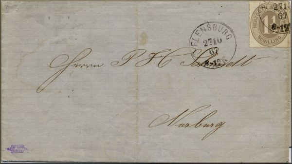 lettre ancienne (avec timbre poste et cachet postal) Flensburg / Flensborg  (Schleswig - Allemagne) --> Narburg  27/10/1867