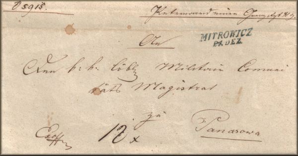 lettre ancienne (sans timbre poste avec cachet postal et mention de franchise Exoffo) de Mitrowicz / Sremska Mitrovica (Voivodine / Vojvodina - Serbie / Srbija / Serbia) --> Pancsowa / Pancevo / Pancsova / Panesowa / Panesova / Panasowa / Panasova (Voivodine / Vojvodina - Serbie / Srbija / Serbia) du 24 decembre 1846