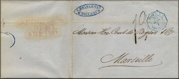 lettre ancienne (sans timbre poste avec 2 cachets postaux) : Palerme / Palermo (Sicile - Italie) --> Marseille (Bouches du Rhone - France) - 24 septembre 1856
