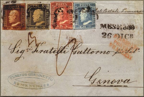 lettre ancienne (avec 4 timbres poste de Sicile et cachets postaux) : Messina / Messine (Sicile - Italie) --> Genes / Genova (Ligurie - Italie) - 26 decembre 1859 (image reproduite avec l'aimable autorisation de Vaccari)