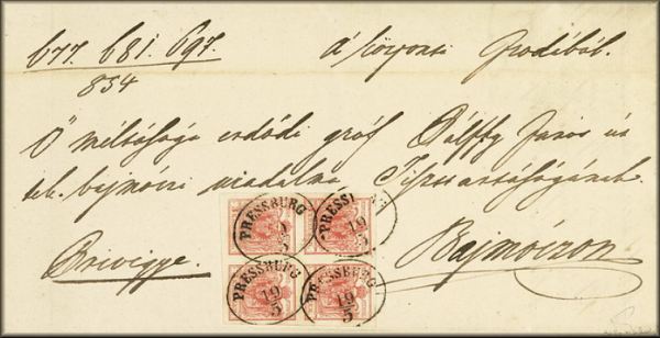 lettre ancienne (avec 4 timbres poste et cachets postaux) de Pressburg / Presbourg  / Bratislava (Slovaquie) --> Bajmocz / Weinitz / Bojnice (Slovaquie) du 19 mai 1854