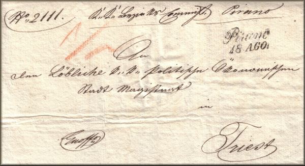 lettre ancienne (sans timbre poste avec cachet postal et mention de franchise postale exoffo) de Pirano / Piran (Slovenie) --> Trieste / Triest (Italie) du 18 aout 1841