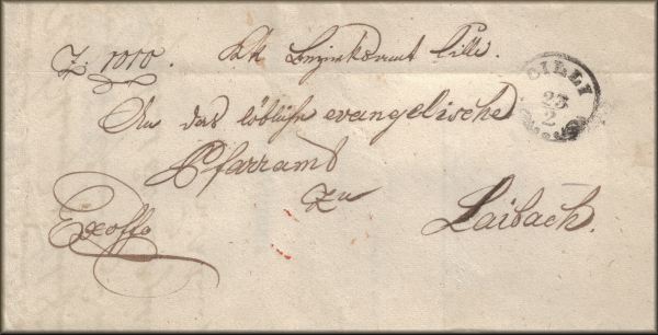 lettre ancienne (sans timbre poste avec cachet postal et mention de franchise postale exoffo) de Cilli / Cilly / Celje (Slovenie) --> Laibach / Ljubljana (Slovenie) du 23 fevrier 1864