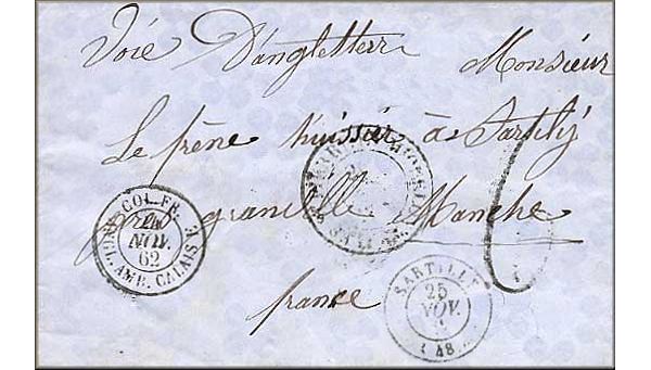 lettre ancienne (sans timbre poste avec cachets postaux) Saint Pierre et Miquelon (France) --> Sartilly (Manche - France) - 25/11/1862 (date d'arrivee)