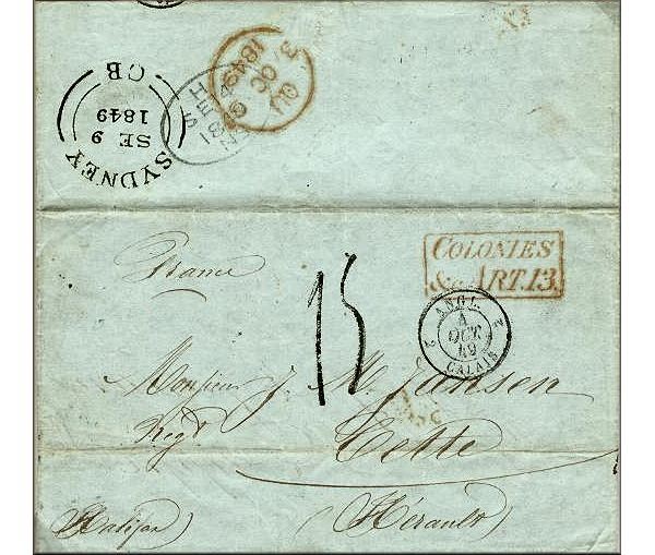lettre ancienne (sans timbre poste avec de multiples cachets) : Saint Pierre (Saint Pierre et Miquelon - France) --> Cette / Sete (Herault - France) du 1er septembre 1849