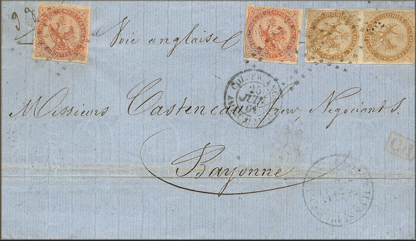 lettre ancienne (avec timbre poste aigle et cachet postal) de Saint Pierre et Miquelon vers Bayonne (Pyrenees Atlantiques) de juin 1861 (voie anglaise)