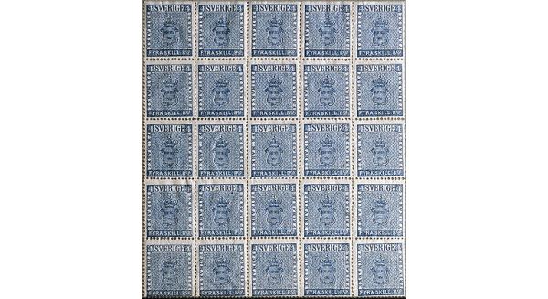 bloc de 25 timbres poste suedoisde 4 Skillings de 1855 (Suede / Sverige / Sweden)