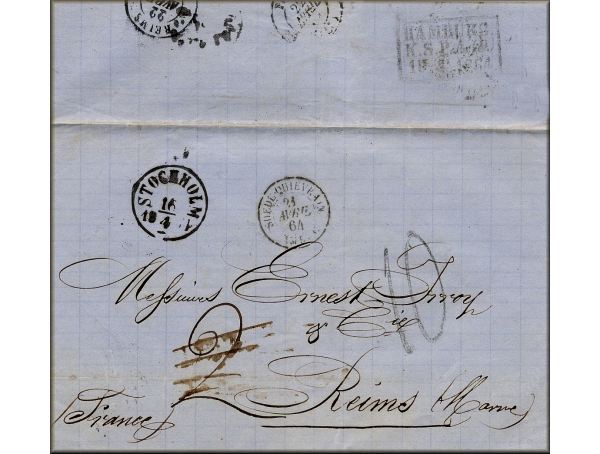 lettre ancienne (sans timbre poste avec cachets postaux) de Stockholm (Suede / Sverige / Sweden) --> Reims (Champagne - Marne - France) via  Hambourg / Hamburg (Allemagne) du 16 avril 1864