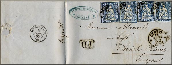 lettre ancienne (avec timbres poste Helvetia et cachets postaux) de Geneve (Suisse / Schweiz / Svizzera / Svizra) --> Aix les Bains (Savoie / Savoye - France) du 11 avril 1862
