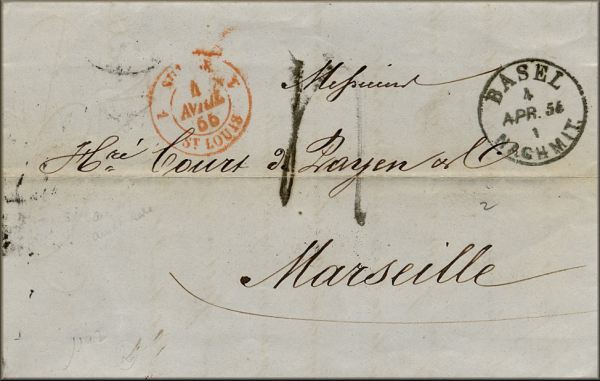 lettre ancienne (sans timbre poste mais avec nombreux cachets postaux) de Basel / Bale (Suisse / Schweiz / Svizzera / Svizra ) --> Marseille (Bouches du Rhone - France) via Saint Louis (France) du 4 avril 1856