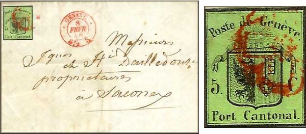 lettre ancienne (avec timbre poste port cantonal de la poste cantonale de Geneve et cachet postal) de Geneve (Suisse / Schweiz / Svizzera / Svizra) --> Saconex / Saconnex (Suisse / Schweiz / Svizzera / Svizra) du 8 fevrier 1845