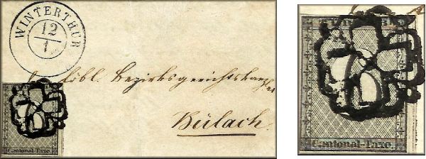 lettre ancienne (avec 1 timbre poste du canton de Zurich et avec cachet postal) de Winterthur (Suisse / Schweiz / Svizerra / Svizra) --> Bulach / Buelach (Suisse / Schweiz / Svizerra / Svizra) du 12 janvier 1843