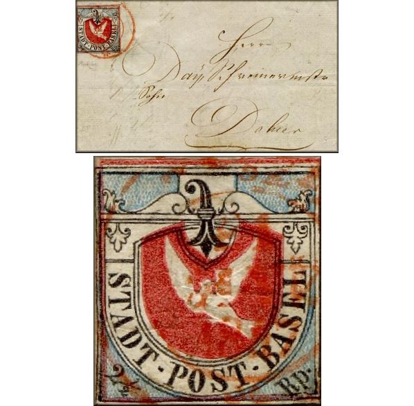lettre ancienne (avec timbre poste colombe de Bale / Basler Taube et avec cachet postal) de Bale / Basel (Suisse / Schweiz / Svizerra / Svizra) du 21 janvier 1847