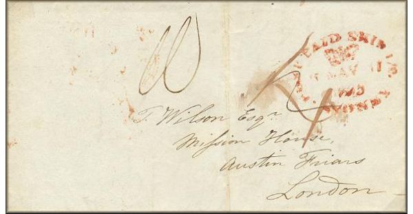 lettre ancienne (avec un cachet postal sans timbre poste) Tahiti (Polynesie française) --> Londres / London (Grande Bretagne) via Sidney (Australie) - 3 mars 1835