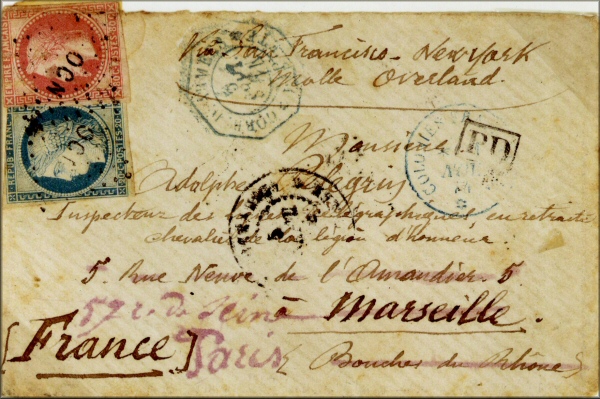 lettre ancienne (avec timbres poste et cachets postaux) Tahiti (Polynesie française) --> Marseille / Paris via San Francisco & New York (USA) - 1874