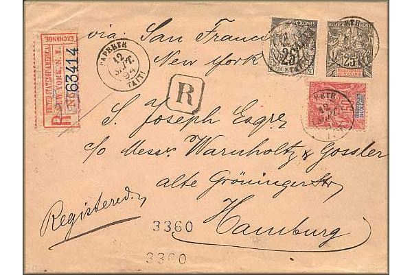 lettre ancienne (avec nombreux timbres poste et cachets postaux) Papeete (Polynesie française) --> Hambourg / Hamburg (Allemagne) via San Francisco & New York (USA) - 12/09/1894