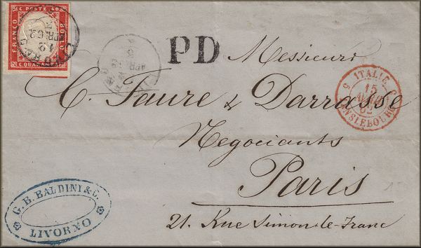 lettre ancienne (avec 1 timbre poste et 4 cachets postaux) de Livorno / Livourne (Toscane - Italie) --> Paris (Seine - France) par Lanslebourg (Savoie - France) - 12 avril 1862