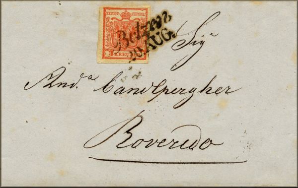lettre ancienne (avec 1 timbre poste et 1 cachet) : Botzen / Bolzano (Trentin Haut Adige - Italie) --> Rovereto (Trentin Haut Adige - Italie) - 20 aout 1850