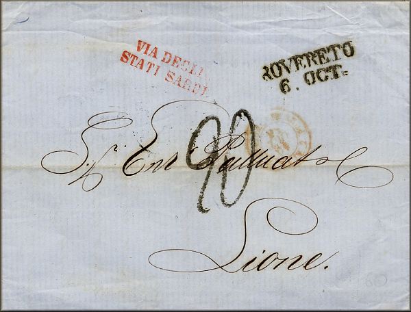 lettre ancienne (sans timbre poste avec 3 cachets) : Rovereto (Trentin Haut Adige - Italie) --> Lyon / Lione (Rhone - France) - 6 octobre 1856