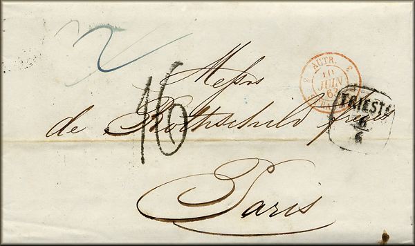 lettre ancienne (sans timbre poste avec 2 cachets) de Triest / Trieste (Frioul Venetie Julienne - Italie) --> Paris (Seine - France) - 6 juin 1863