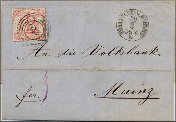 lettre ancienne de la poste Thurn und Taxis / Tours et Taxis (avec timbre poste et cachets) Frankfurt / Francfort (Allemagne) --> Mainz / Mayence (Allemagne) [10/03/1865]