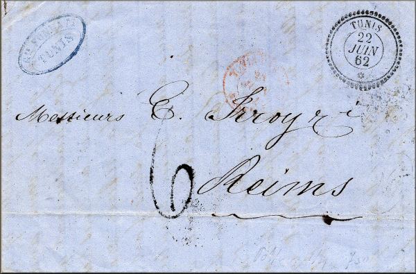 lettre ancienne (sans timbre poste avec cachets postaux) de Tunis (Tunisie / Tunisia) --> Reims (Champagne - Marne - France) via  Bone / Annaba (Algerie) - Marseille (France) et Paris (France) du 22 juin 1862