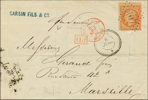 lettre ancienne (avec timbre poste Napoleon III et cachets postaux) de Tunis (Tunisie / Tunisia) --> Marseille (Bouches du Rhone - France) via  Bone / Annaba (Algerie) du 6 juillet 1867
