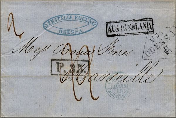 lettre ancienne (sans timbre poste mais avec cachets postaux) de Odessa (Ukraine) --> Marseille (Bouches du Rhone - France) via Breslau / Wroclaw, Aachen / Aix la Chapelle et Valenciennes du 27 mars 1859