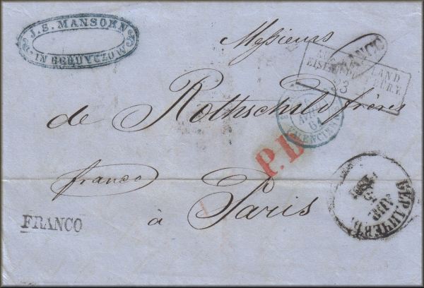 lettre ancienne (sans timbre poste mais avec nombreux cachets postaux) de Berditchev / Berdichev / Berdyczow (Ukraine) --> Paris (Seine - France) via Eisenberg (Prusse) et Valenciennes du 5 avril 1861