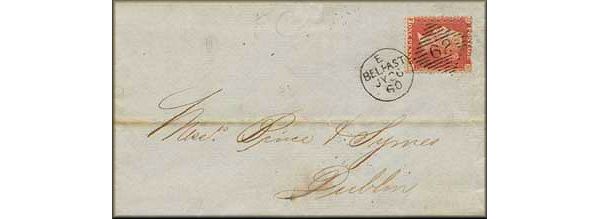 lettre ancienne (avec un timbre poste Victoria et cachets postaux) de Belfast (Ulster - Irlande du Nord) --> Dublin (Irlande / Eire) du 26 janvier 1860