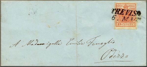 lettre ancienne (avec 1 timbre poste et 1 cachet postal) : Treviso / Trevise (Venetie - Italie) --> Oderzo (Venetie - Italie) - 6 mai 18??