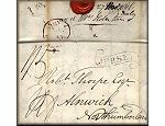 lettre ancienne (sans timbre poste et avec cachets postaux) de Saint Helier (Jersey) --> Alnwick (Angleterre) du 27 novembre 1816